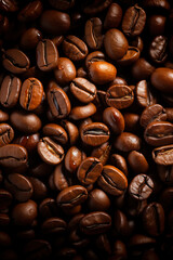 Obraz premium Fresh coffee beans banner. Coffee beans background. Close-up food photography