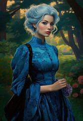 portrait of a woman in a blue dress walking in the park. 