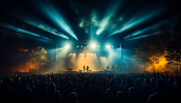 Rock Concert On The Stage. Footlights Light The Multiple Spectators Facing The Stage. Generative AI.