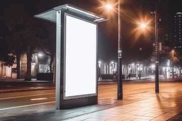 Blank advertisement mockup at bus stop on city night street. Generative Ai
