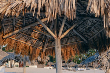 Fototapeta na wymiar vue d'en dessous d'un parasol en paille avec un mat en bois avec la lumière d'un lever de soleil sur la plage