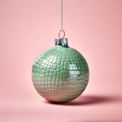 Christmas bauble decoration with a green snake skin pattern against pastel pink background. Generative AI.