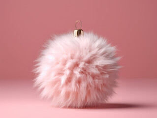 Fluffy furry Christmas bauble decoration on pastel pink background. Generative AI.