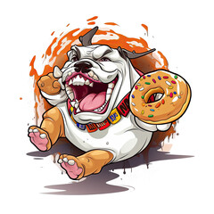 A whimsical scene of an English Bulldog National Doughnut Day parade, the bulldogs marching in a row dressed in doughnut-themed costumes, Generative Ai