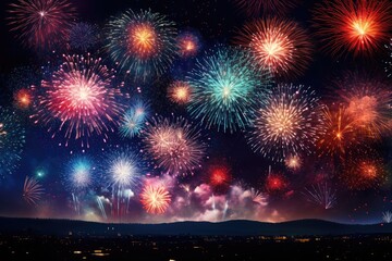 Fototapeta premium Colorful fireworks. Festival celebration explosion. Abstract firecrackers in the night sky.