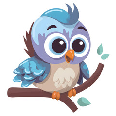 Cute cartoon blue bird with flowers and leaves on transparent background, png