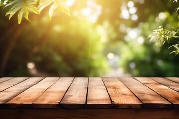 Wood planks with copy space and blurred summer.