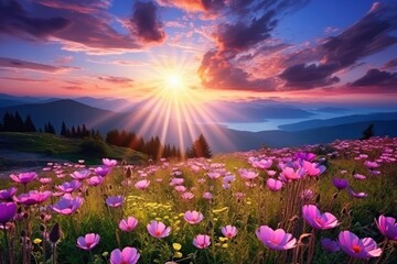Beautiful summer sunrise in the mountain meadow with wildflowers. Beautiful landscape with meadow flowers while sunset.