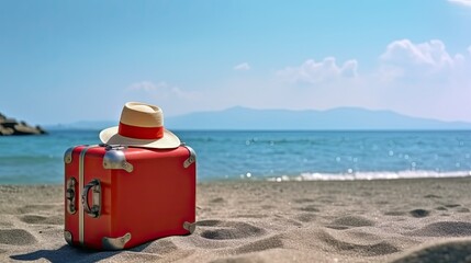 Red suitcase with a hat on a beautiful beach. Travel concept. banner copy space, ai generative.