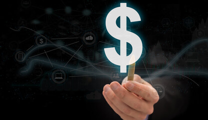 hand of business man pushing a button on a touch screen interface