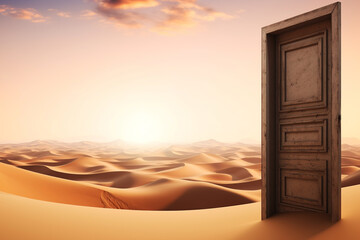 Closed door on desert. Generative AI.