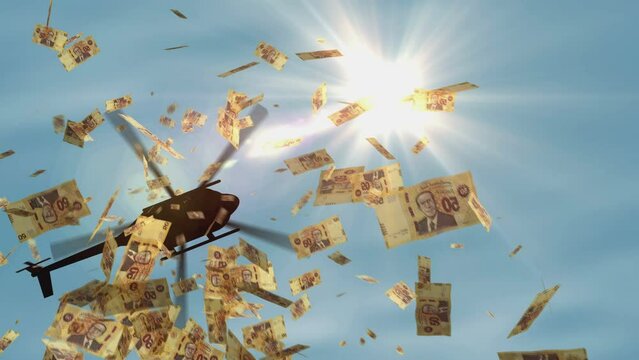 Tunisia Dinar money banknotes helicopter money dropping. 50 TND notes abstract 3d concept of inflation, money printing, finance, economy, crisis and quantitative easing.