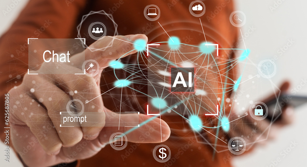 Poster technology and people concept man use ai to help work, ai learning and artificial intelligence conce