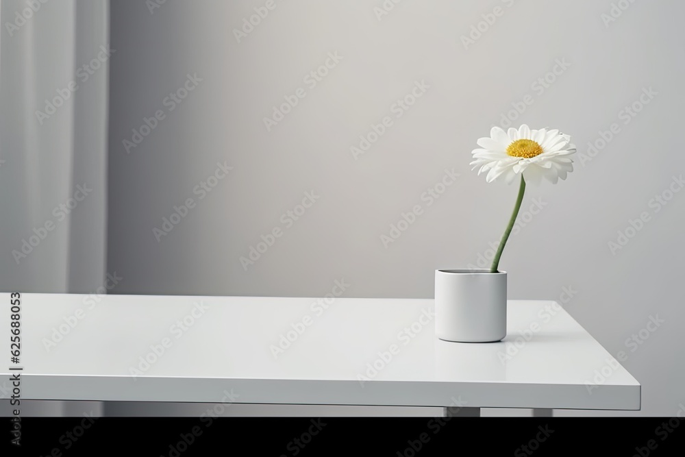 Aufkleber white background with a flower on a table and an empty frame. draft for a design