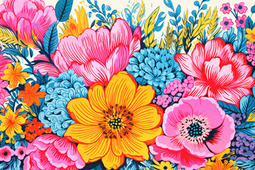 Fototapeta na wymiar risograph printing style floral pattern in bright vibrant colors, AI generative