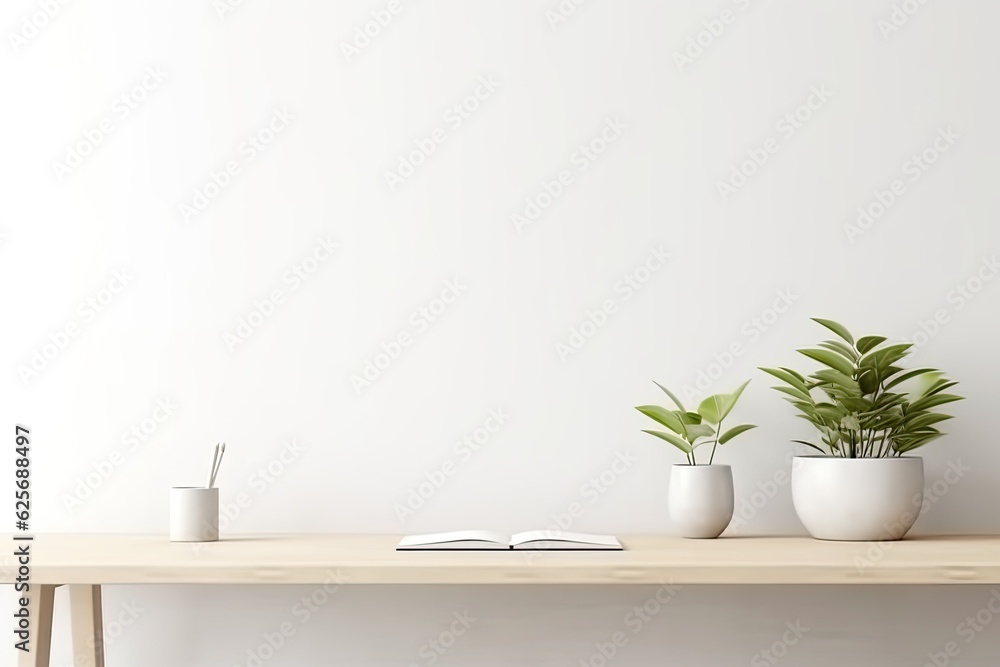 Aufkleber on a table with notebooks and a laptop with a copy space, there is a wooden table. workplace in a mi