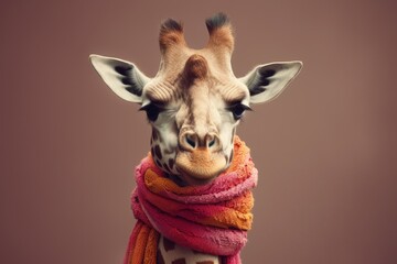 A cute giraffe wearing a cozy knitted scarf, looking at the camera. Isolated.