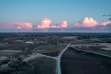 Aerial view of sunset over countryside town