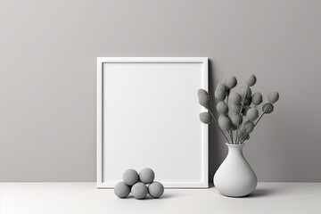 Photo frame on the table with a blank sheet inside. Geometric balls with eucalyptus leaves in a vase on a white plate. Mock up in a current manner. A vertical design template for simplicity.