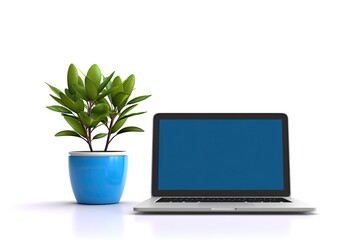 Mockup of an office environment with a laptop and flowers in a pot against a white background.