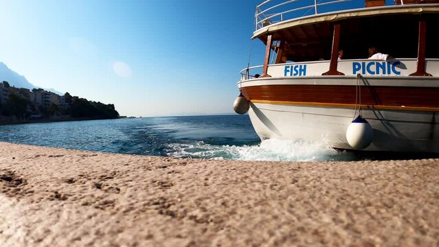 Timelapse Pleasure yacht sailed to the pier to pick up tourists in the port of the Adriatic Sea in the village of Brela Croatia. Yacht Cruise on the Croatian Adriatic Sea