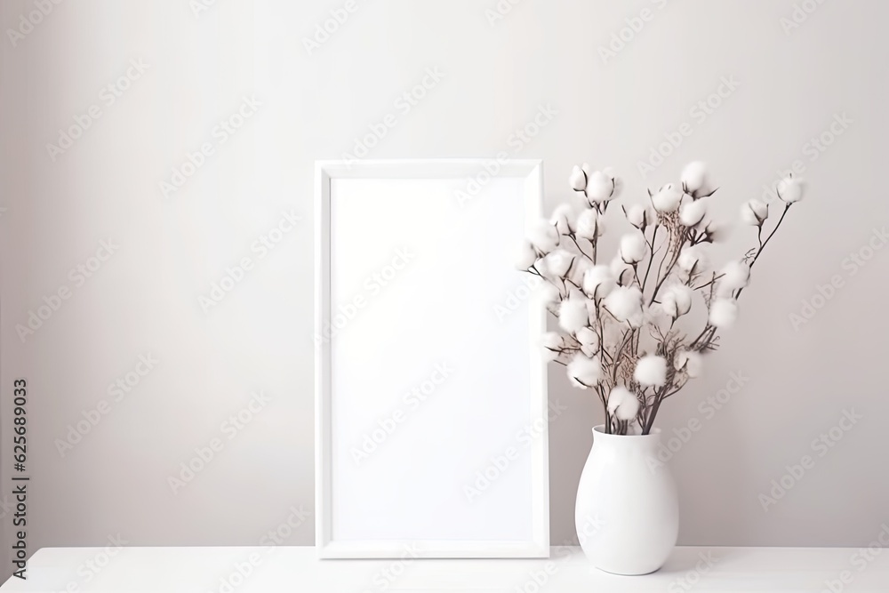 Aufkleber template with a white background and a photo frame. snowberry bouquet in a vase with white branches.