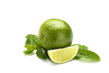Fresh lime and mint leaves isolated on white background