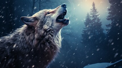 Howling wolf in winter against the background of snowing Generative AI