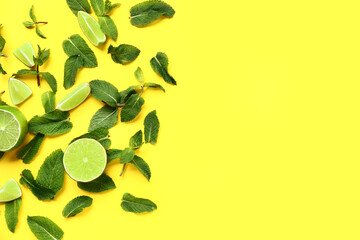 Fototapeta na wymiar Composition with fresh mint leaves and limes on yellow background