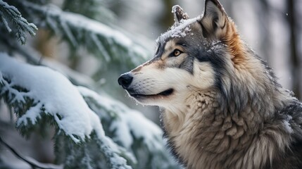 Obraz premium Grey Wolf (Canis lupus) Between Trees Looks Up and to Right Winter Generative AI