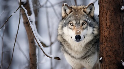 Obraz premium Grey Wolf (Canis lupus) Between Trees Looks Up and to Right Winter Generative AI