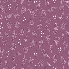 Handmade vector illustration for cafe design. Seamless pattern of glassware, cakes, sweets, ice-creams. Doodle style.