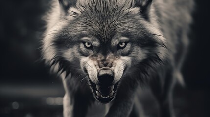 Greyscale closeup shot of an angry wolf with a blurred background Generative AI - obrazy, fototapety, plakaty