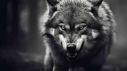 Greyscale closeup shot of an angry wolf with a blurred background Generative AI