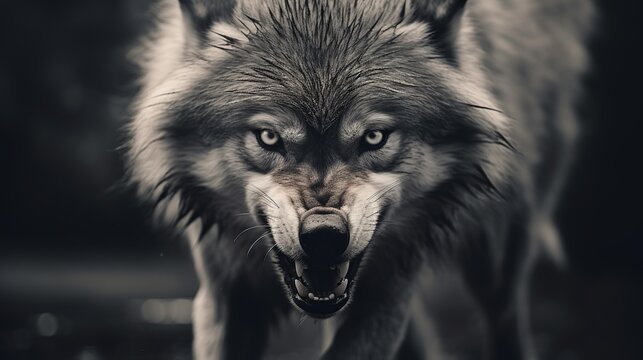Greyscale closeup shot of an angry wolf with a blurred background Generative AI