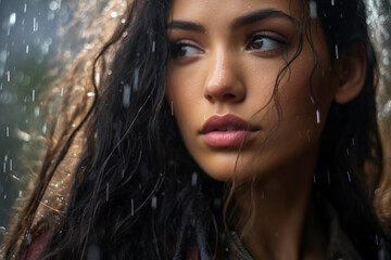 Close-up of a girl gazing at someone while getting drenched by the rain. 