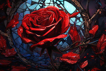Detailed velvet red rose-like broken glass, canvas print. High quality photo