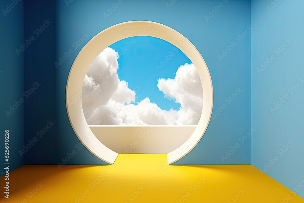Poster abstract blue room with round exit to balcony with clouds in the background, created with generative