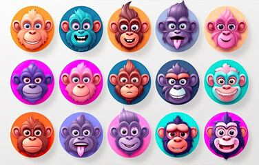 Set of colorful badges of ape persons, avatars, monkey heads of different age for profile page, social network and social media, created with Generative AI