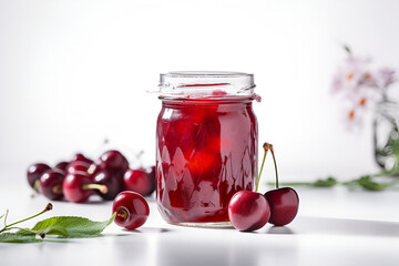 Homemade cherry preserves or jam in a glass jar surrounded by fresh cherries