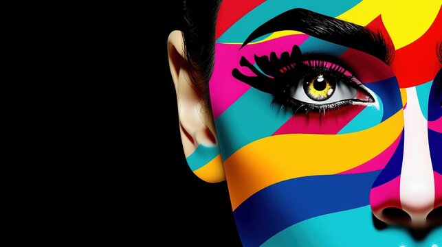 Beautiful woman with creative colorful makeup on black background. Girl with vivid face art. Fashion or cosmetics concept. Generative AI illustration for cover, postcard, interior design or print.