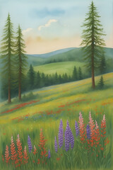 Forest and fields landscape. AI generated illustration