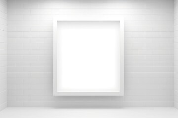 poster frame mockup. Inside is a blank white canvas. Brick wall in white with a background.
