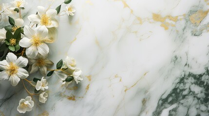 A mesmerizing marble background in hues of green and gold, with delicate flowers scattered across the surface and offering negative copy space. Wedding, condolences, card. Generative AI. 