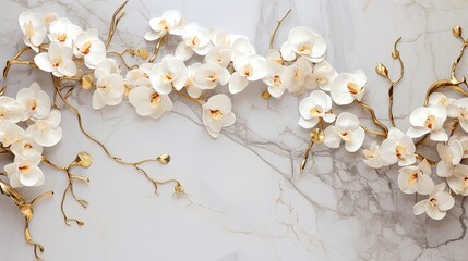 A regal marble backdrop with a cluster of white orchids and golden vines, featuring negative copy space for your text. Wedding, bridal. Generative AI.