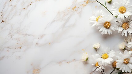 A top view of a sophisticated marble background with a scattering of white daisies and delicate gold accents, offering negative copy space. Wedding card, bridal, voucher. Generative AI.