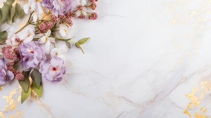 An elegant marble background adorned with a bouquet of pastel blooms and gold accents, offering negative space for your text. Generative AI. 