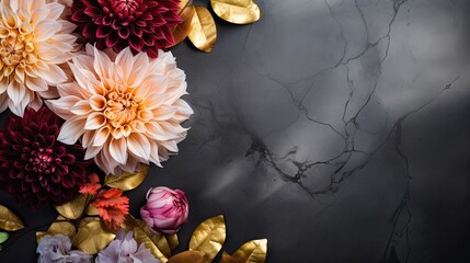 An opulent marble backdrop featuring an assortment of colorful dahlias and gilded leaves, providing negative space for your text or design elements. Floral card, wallpaper texture. Generative AI. 