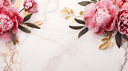 An opulent marble backdrop featuring an arrangement of vibrant peonies and gilded leaves, providing negative space for text. Wedding, fashion, birthday. Generative AI. 