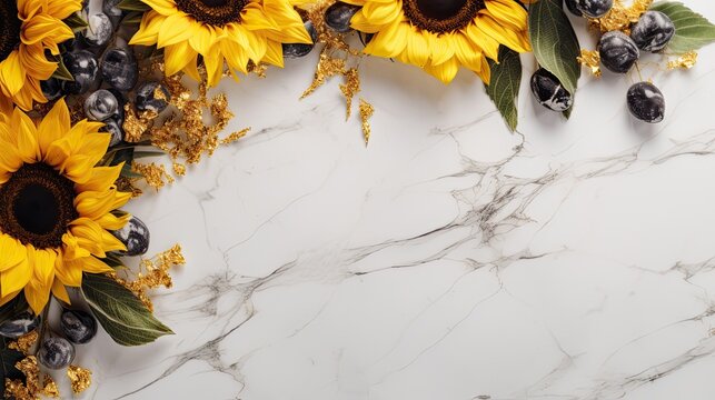A top view of a luxurious marble background showcasing an arrangement of vibrant sunflowers and golden foliage, offering negative space for your text or branding. Generative AI. 